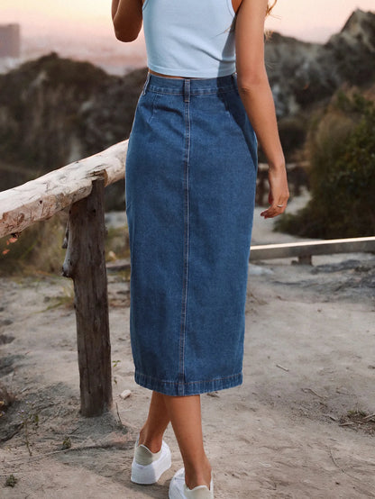 Women's Maxi Pencil Jean Skirt High Waisted A-Line Long Denim Skirts Ins Button Down Side Split Hem Stretch Blue Jean Skirt