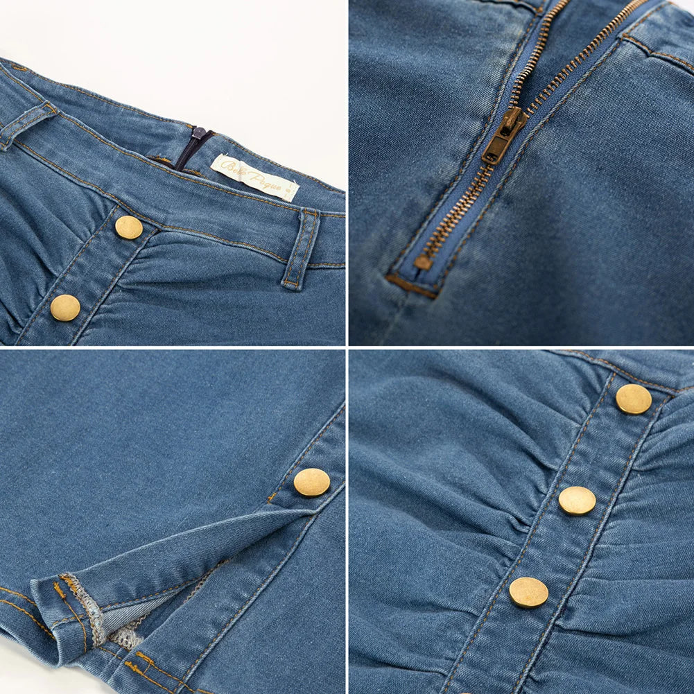 BP Women Vintage Jean Skirt With Belt High Waist Ruched Front Bodycon Skirt