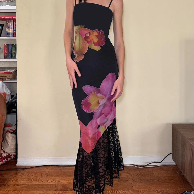 Women's Dresses New Summer Sexy Black Lace Fashion Print Sleeveless Backless Strap Maxi Dress Casual Club Elegant Female Dresses