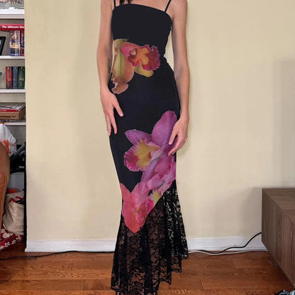 Women's Dresses New Summer Sexy Black Lace Fashion Print Sleeveless Backless Strap Maxi Dress Casual Club Elegant Female Dresses