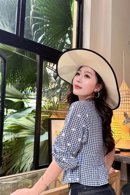 Women's Tops New Summer 2025 Small Check Tops Embroidered Trims Sexy Deep V-Neck Casual Fashion Versatile Personality