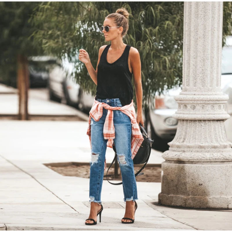 Women‘s Fashion Straight Jeans Casual High Waisted Washed Skinny Trousers Ripped Slim Pants For Lady Commuter 2025 Fashion Trend