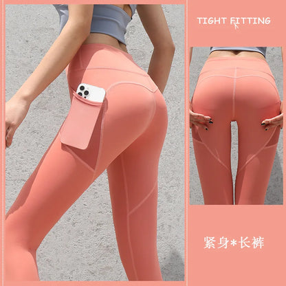 New High Waist Women's Leggings Stretch Yoga Pants Tights With Pockets Push Up Fitness Running Sportswear Solid Color Pants