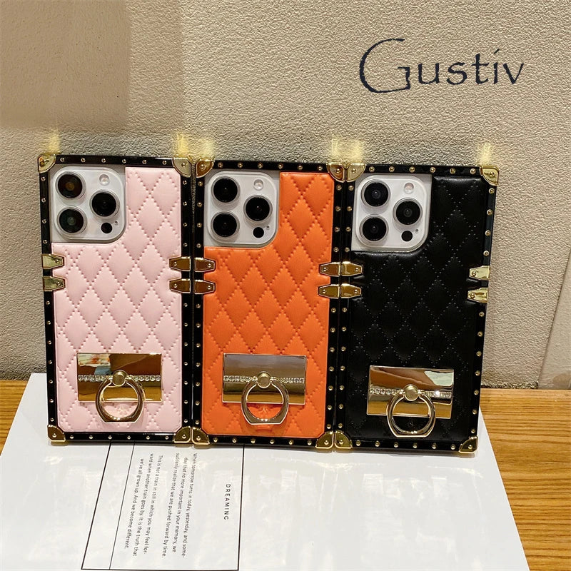 Elegant PU Leather Phone Case For iPhone 16 Pro Max Luxury Square Cases For iPhone 15 14 11 Pro 12 13 Mini XR X Max Back Cover