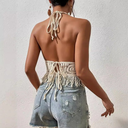 Women Summer Beach Boho Crop Tops Sexy Y2K Knitted Backless Hollow Out Tank Tops Crochet Tassels Hem Halter Bras Bustier Top