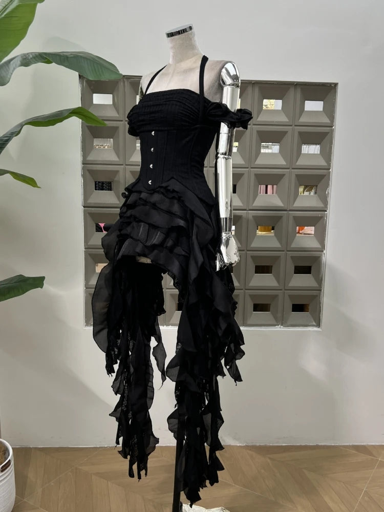 Women Ruffles Draped Dress Three Piece Sets Sexy Halter Neck Folds Ruffled Dress+Lace-up Corset Top+Shorts Suits Party Cocktail