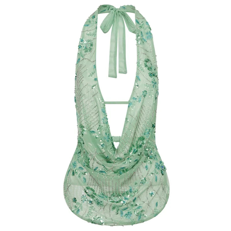 hirigin Sexy Glitter Sequin Tank Tops Women Y2K Fashion Deep V-neck Hollow Out Cropped Tops Tee Summer New Backless Beach Tops