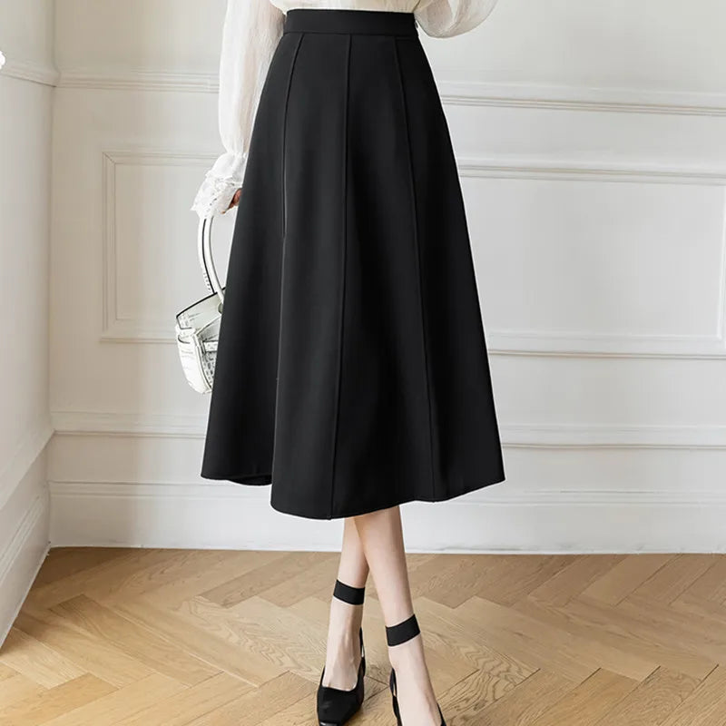 Women's Skirt 2025 Spring Women High Waist Solid Vintage Girl's Waist Down Skirt Knee-length A-line Fashion Thin Skirt for Women