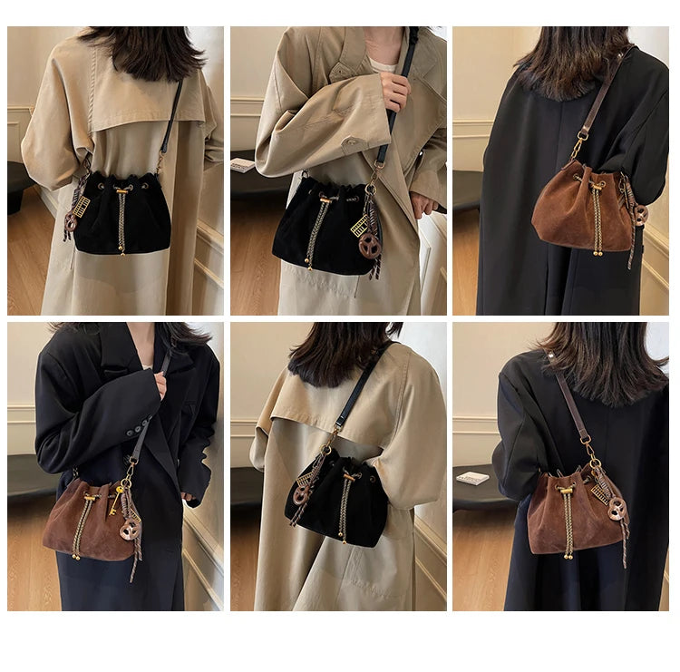 Women Vintage One Shoulder Bag Frosted Solid Drawstring Soft All-Match Bucket Bags High-Grade Versatile Commute Crossbody Packs