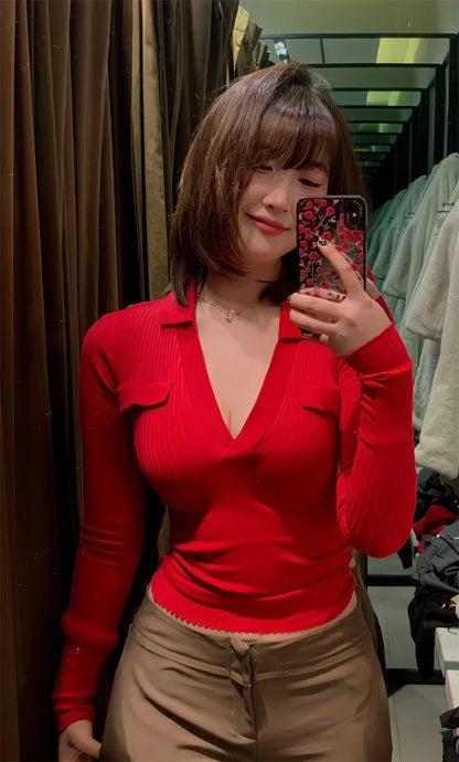 Women's Tops New Fall 2025 Solid Color Long Sleeve Lapel Slim Knit Top Sexy V-Neck Design Casual Fashion Personality Versatile