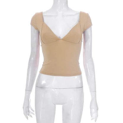 2000s  Tops for Women Fairy Grunge Clothes Sweet Solid Color V Neck Short Sleeve Tanks Aesthetic T Shirt Streetwear