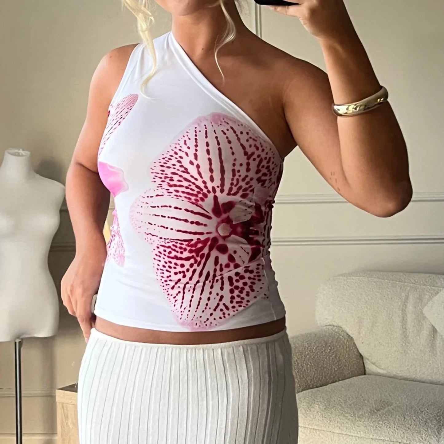 Women's Fashion One Shoulder Tops Slim Flower Print Slash Neck Backless Sleeveless Crop Shirt for Summer