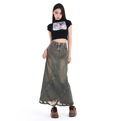 Women Denim Skirt Y2k Emo 2000s Clothes Long Skirt Harajuku Korean 90s Fashion Vintage Gradient A-line Jean Skirt Grunge Clothes