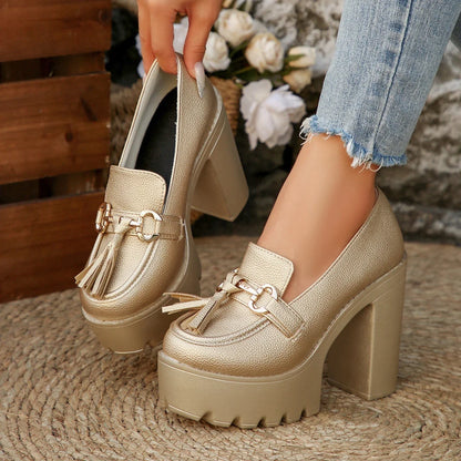 2025 New Women Pumps Fashion Tassels Thick Heeled Party Shoes Gothic Platform Shoes Woman Bowknot Chunky High Heel Pumps Women