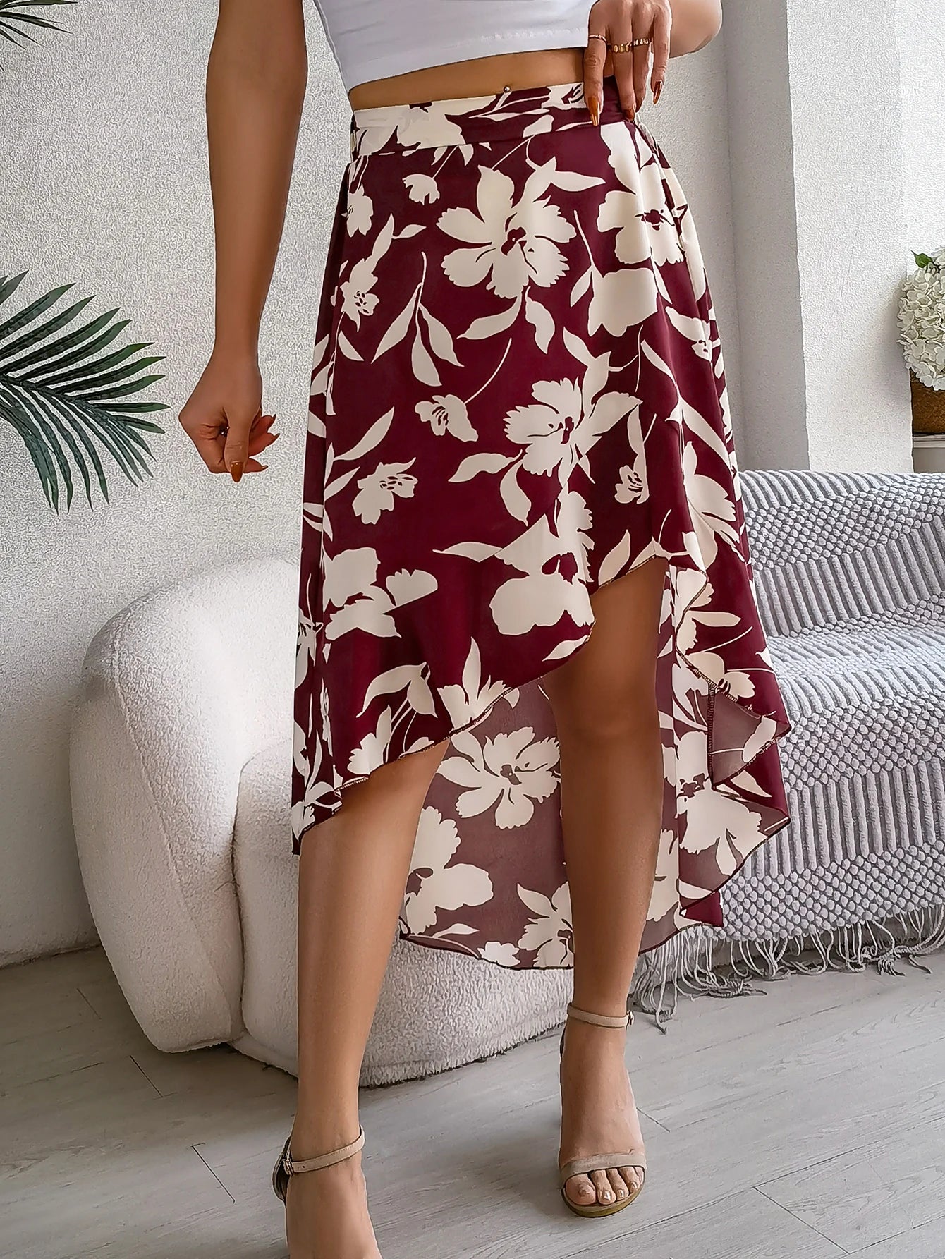 Spring Summer Skirts for Women Casual Floral Print Asymmetric Ruffle Edge Skirt