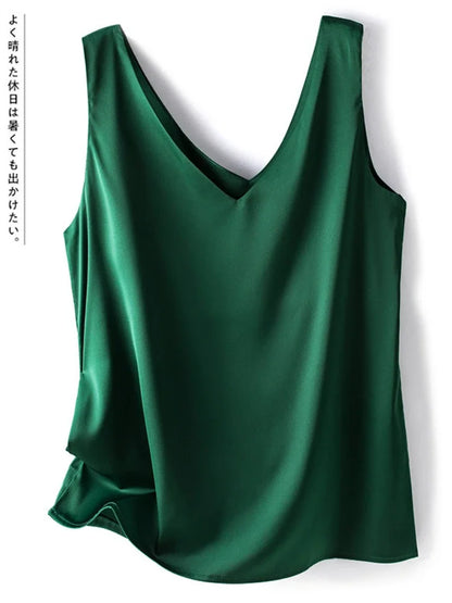 Woman T-shirts Elegant SILK Satin Blouse Sleeveless Female Summer 2023 Casual Loose Tanks and Camis Solid Green Tops for Women