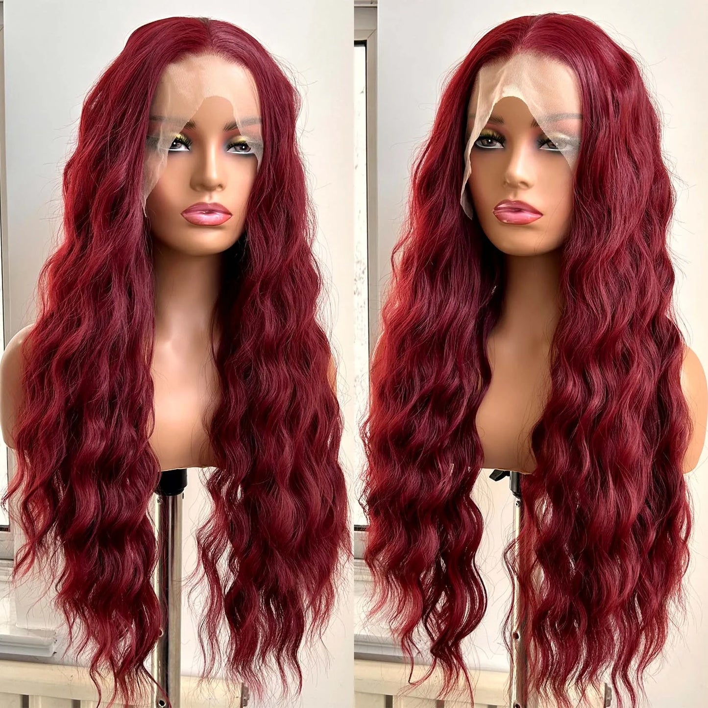 Burgundy Long Curly Wavy Red Wig Synthetic Middle Part Loose Deep Natural Wave 13X4 Wine Red Wigs for Women Daily Party Cosplay
