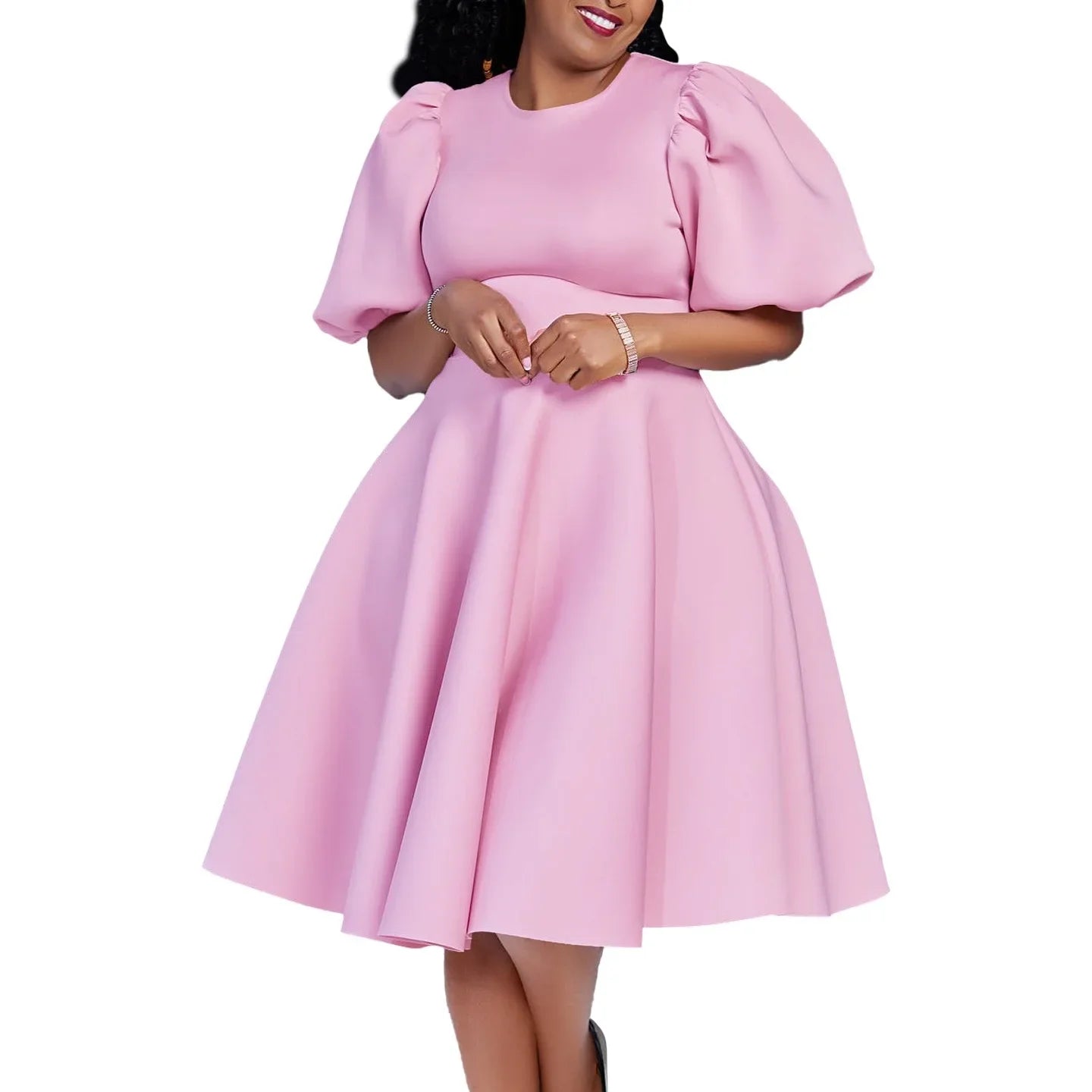 Elegant Dresses for Woman 2024 O Neck Short Sleeve High Waisted Pleated Mid Calf Luxury Female Birthday Party Dinner Vestidos