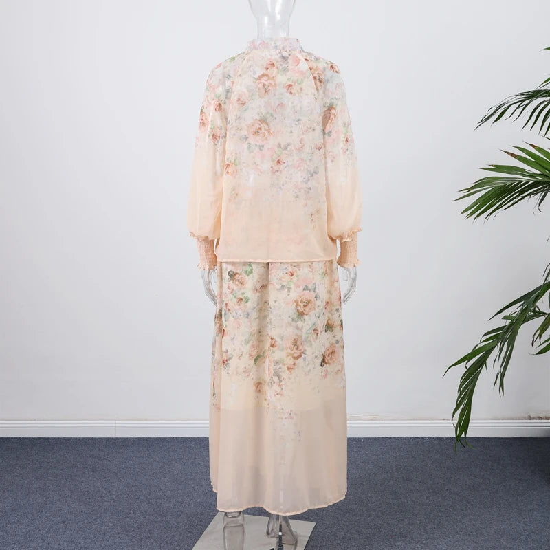Elegant Floral Printed Long Skirts Set Women Loose Full Sleeve Single Breasted Shirts Pleated Skirt 2025 Summer Lady New Suits