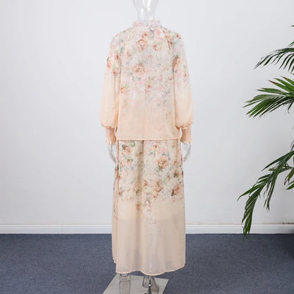 Elegant Floral Printed Long Skirts Set Women Loose Full Sleeve Single Breasted Shirts Pleated Skirt 2025 Summer Lady New Suits