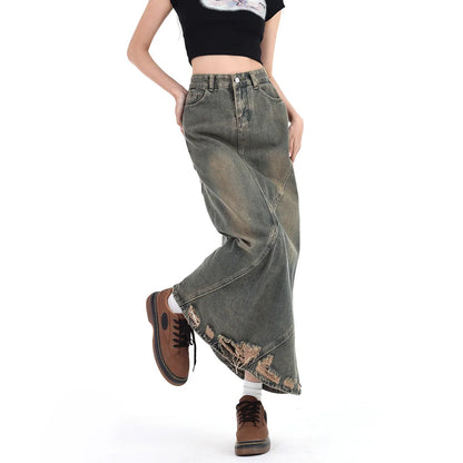 Women Denim Skirt Y2k Emo 2000s Clothes Long Skirt Harajuku Korean 90s Fashion Vintage Gradient A-line Jean Skirt Grunge Clothes