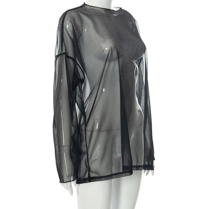 See Through T Shirts For Women Y2k Clothes Sexy Crop Tops Long Sleeve Oversized Tshirt O-Neck Club Outfit Reflective Egirl Tees