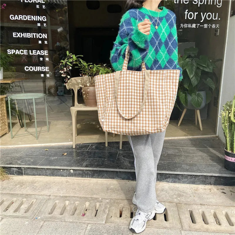 Women Canvas Shoulder Bags Plaid Double-side Large Capacity Handbags Female Shopping Portable Lazy All-match Foldable Tote Bag