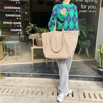 Women Canvas Shoulder Bags Plaid Double-side Large Capacity Handbags Female Shopping Portable Lazy All-match Foldable Tote Bag