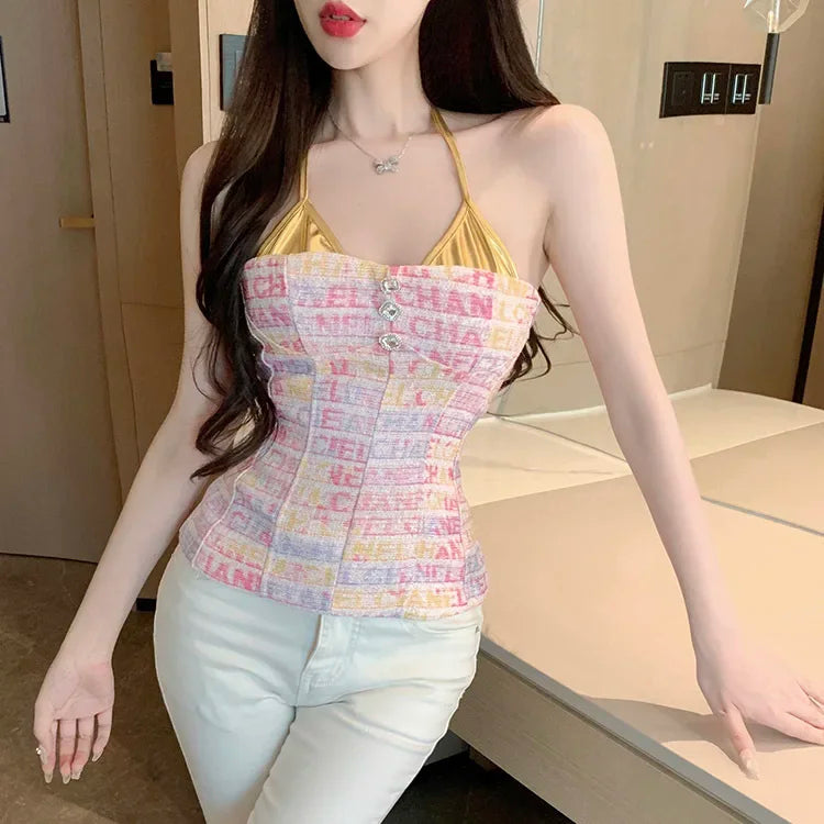 Women's top 2025 summer chic sexy socialite style pink Twed design sense strapless hanging neck vest