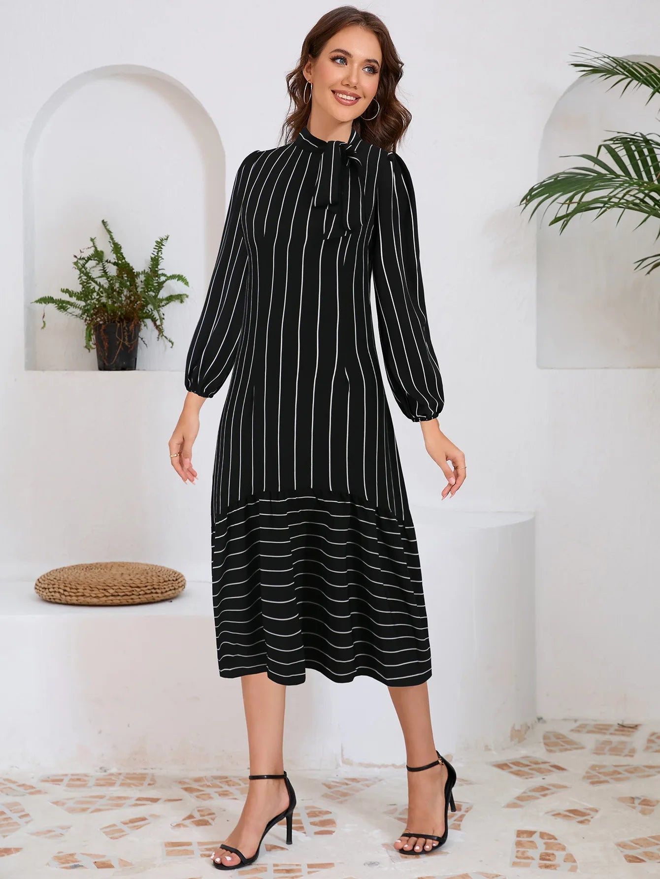 Women's Dresses Formal Fashion Office Lady Professional High-end Stand-up Collar Thin Striped Party Dress Vestidos De Mujer