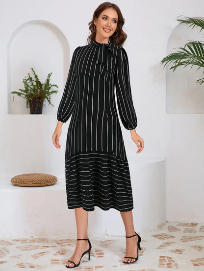 Women's Dresses Formal Fashion Office Lady Professional High-end Stand-up Collar Thin Striped Party Dress Vestidos De Mujer