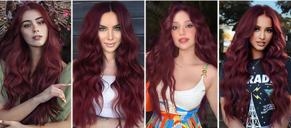 Long Wine Dark Red Wavy for Women Synthetic Free Part Loose Curly Burgundy Heat Resistant Fiber Wigs for Daily Party Cosplay