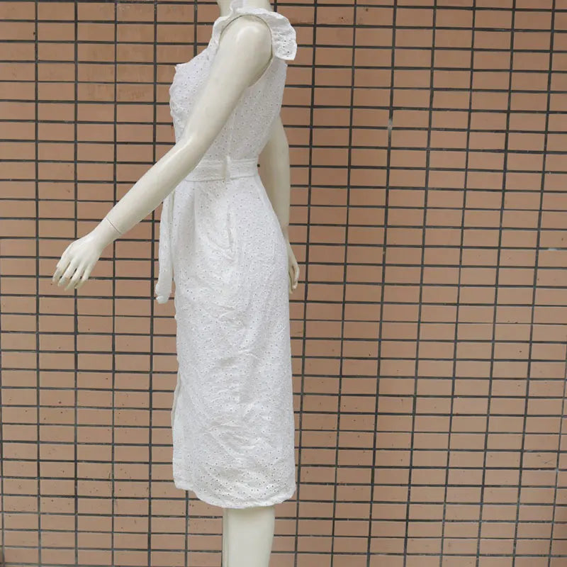Women White Dress Lace Up Sexy Midi Vestidos Ruffles Sleeveless Bodycon Female Dresses 2022 Buttons Belt Elegant Ladies Clothes