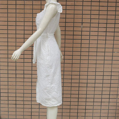 Women White Dress Lace Up Sexy Midi Vestidos Ruffles Sleeveless Bodycon Female Dresses 2022 Buttons Belt Elegant Ladies Clothes