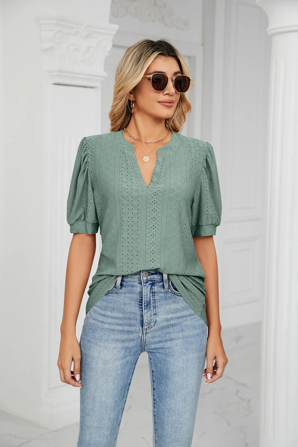 Womens Tops V Neck Ruffle Sleeve Blouses Short Sleeve Casual Tops T-Shirts for Women Autumn Winter