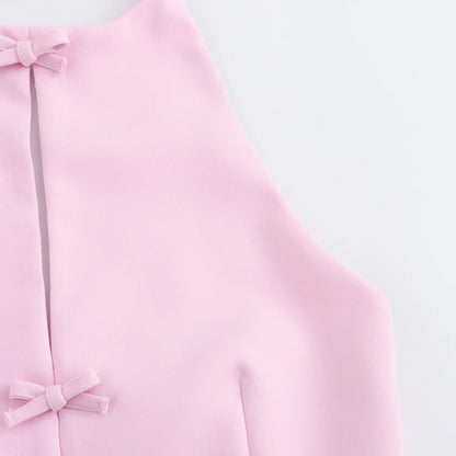 Bow Backless Vest Women Summer Sleeveless Halter Hollow Top Elegant Slim Skirt New Y2k Female Tanks Short Top Office