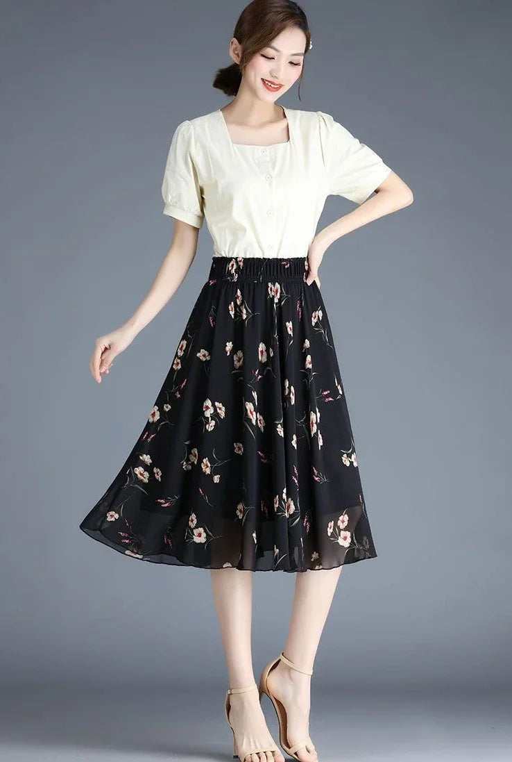 Skirts for Women Chiffon Woman Skirt Floral Midi Summer Casual New In Clothing Sales Modest Luxury Elegant High Quality V Cheap