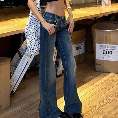 Vintage High Street Low-Waisted Jeans Women 2025 New All-Match Wide Leg Y2K Denim Trousers Female Sexy Slim Fit Flares Pants