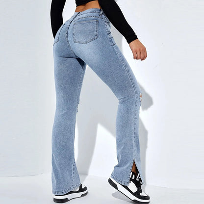 Women'S Fashion Ripped Foot Side Slit Slim Stretch Pants Jeans Pantalones De Mujer CalçA Pantalona Feminina брюки женские