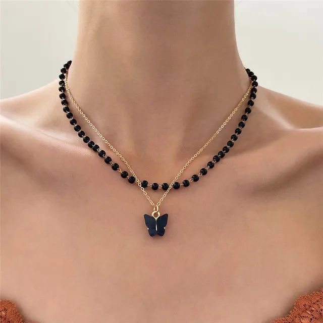 Women Choker Necklace Double Layer Beads Necklace Gift for Friend Silver Color Geometric Necklace Wholesale Collar Jewelry