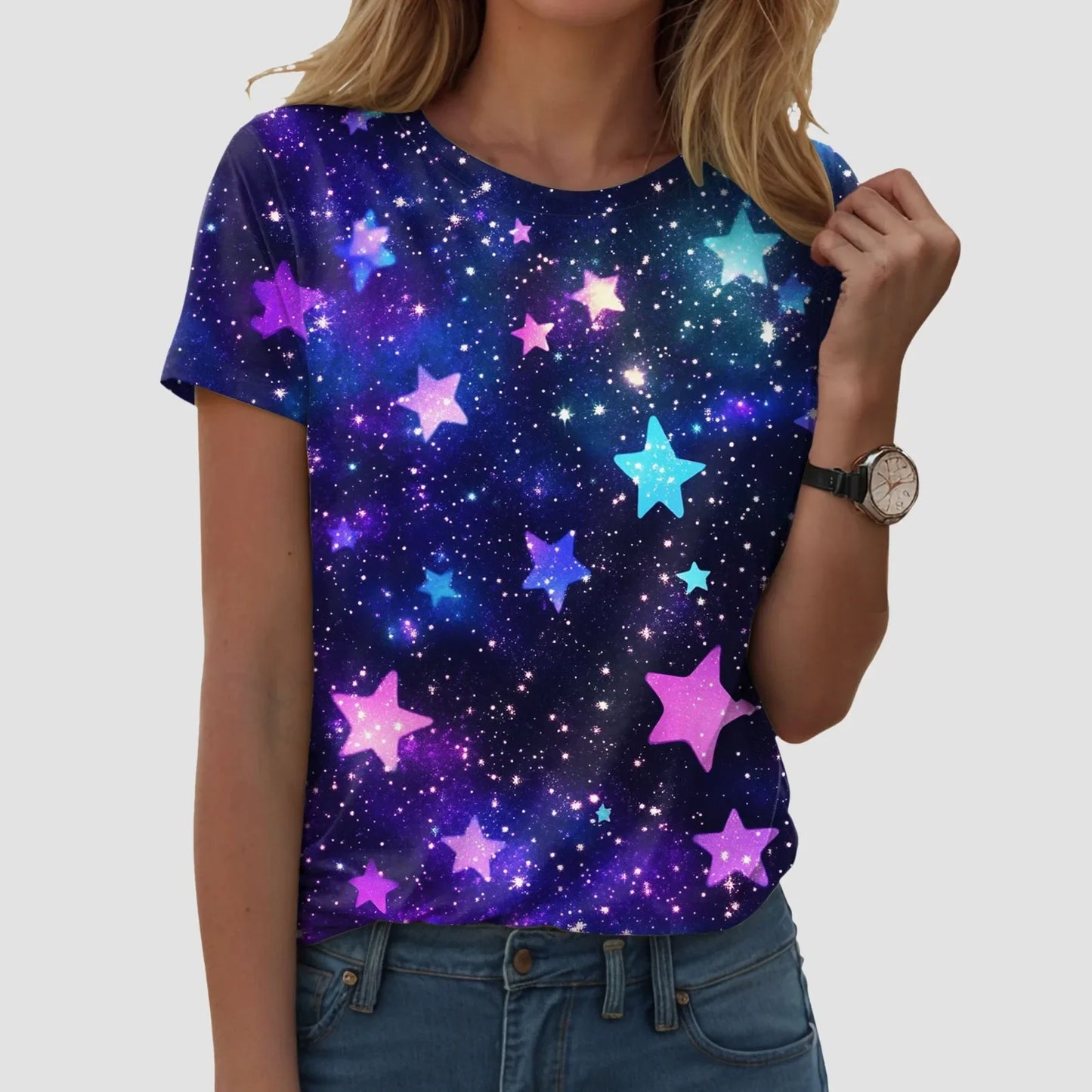 Top blouse woman trend 2025 women 3D galaxy print t shirts glitter shirts blouse fashionable Starry Sky summer ropa para Mujer