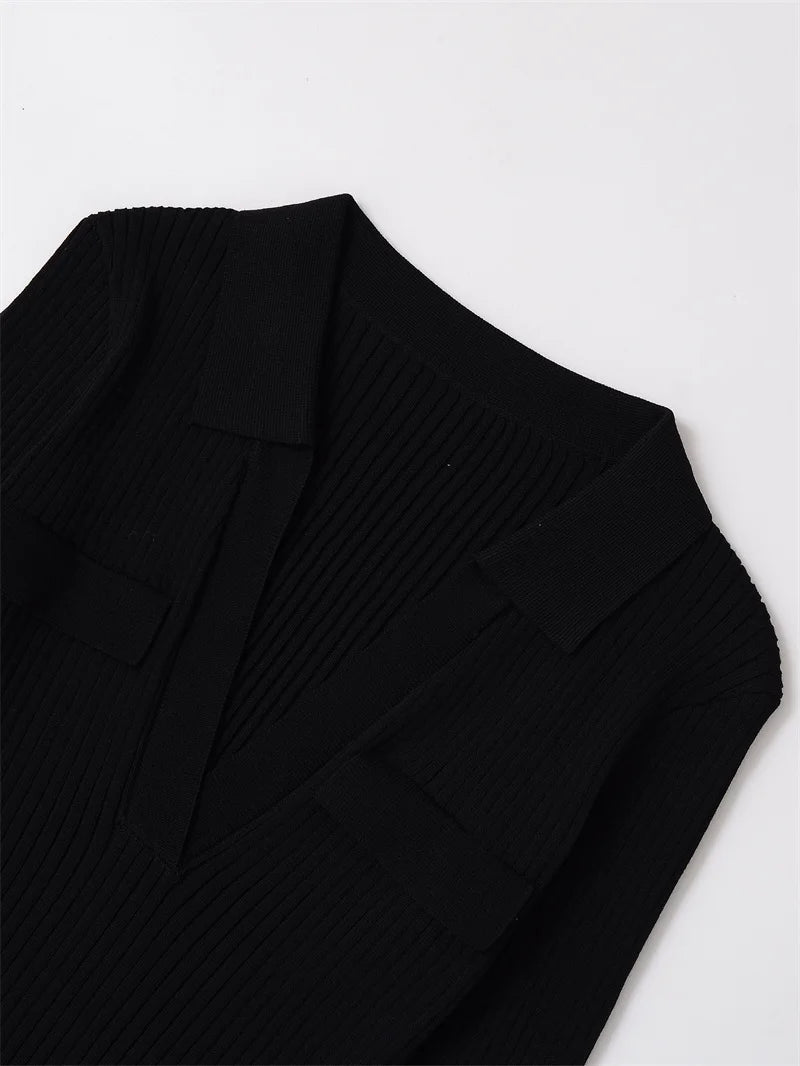 Women's Tops New Fall 2025 Solid Color Long Sleeve Lapel Slim Knit Top Sexy V-Neck Design Casual Fashion Personality Versatile