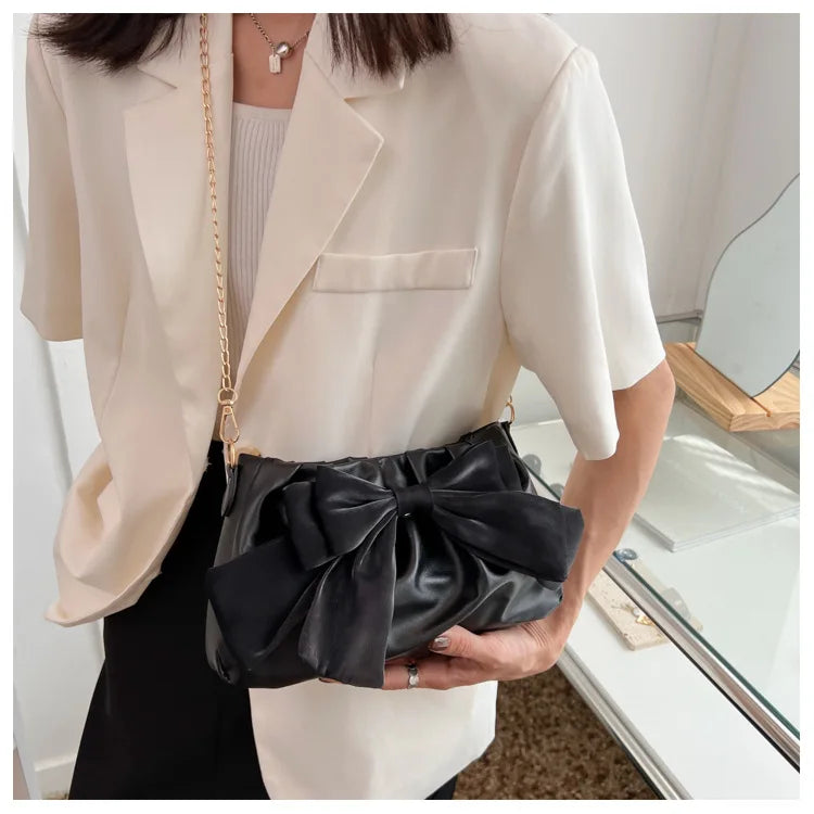 Fashion Casual Handbags For Women Cute Bow Black White Blue Kahki PU Handbags Trendy Daily Shoulder Underarm Bags bolsa feminina