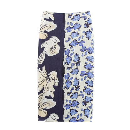 Women Skirt 2025 summer new ethnic style fashionable simple printed slit mid length pleated straight tube skirt