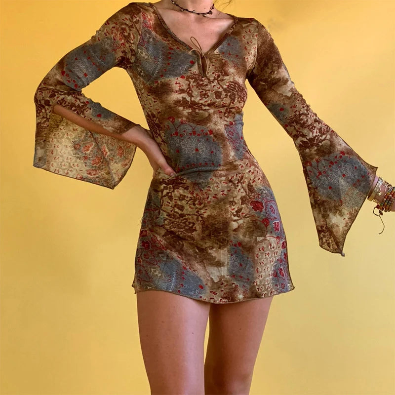 Fall Dresses For Women 2023 Y2k Club Dress Tie Up Vintage Print Flare Long Sleeve Slit  Grunge Mini Dress