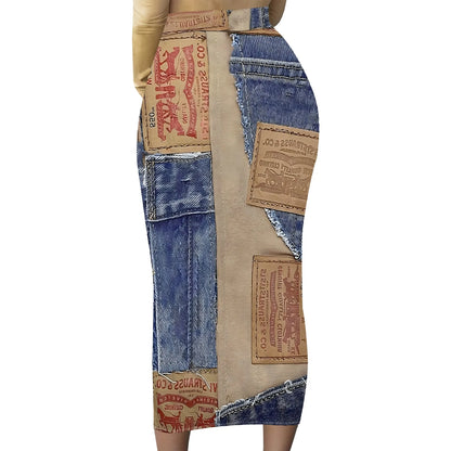 Womens Long Cotton Patchwork Stretch Denim Skirt a Line Flared Jean Maxi Skirt