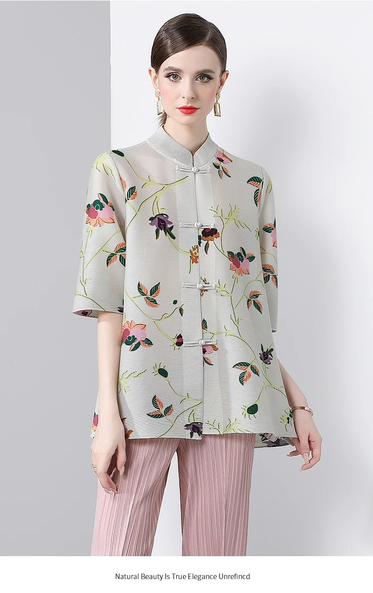 Pleated Tops for Women Summer Printed Shirts Loose Mom Wear Commuter Printed Short Sleeves Women Clothes