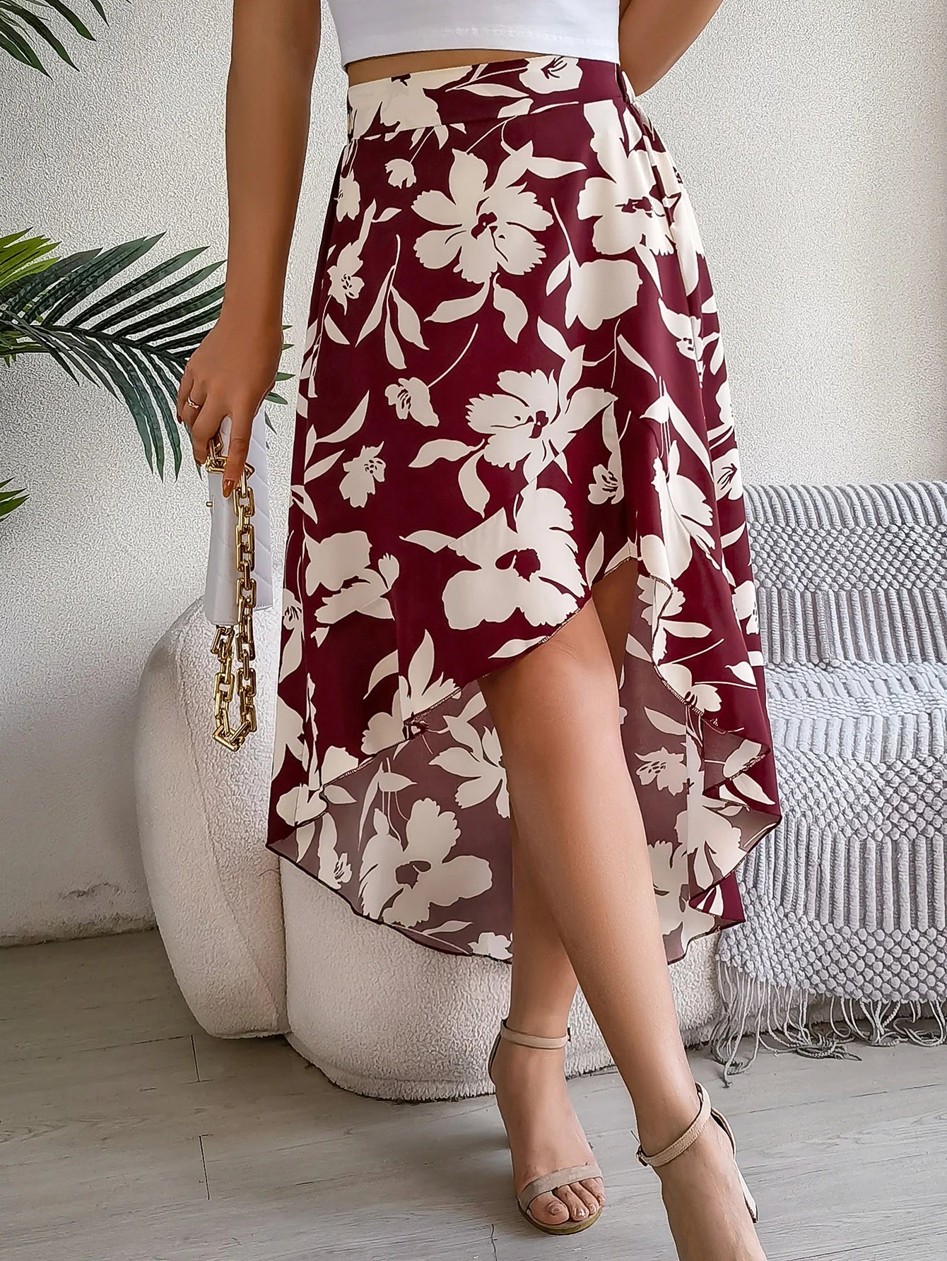 Spring Summer Skirts for Women Casual Floral Print Asymmetric Ruffle Edge Skirt