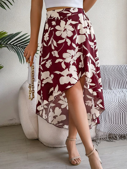 Spring Summer Skirts for Women Casual Floral Print Asymmetric Ruffle Edge Skirt