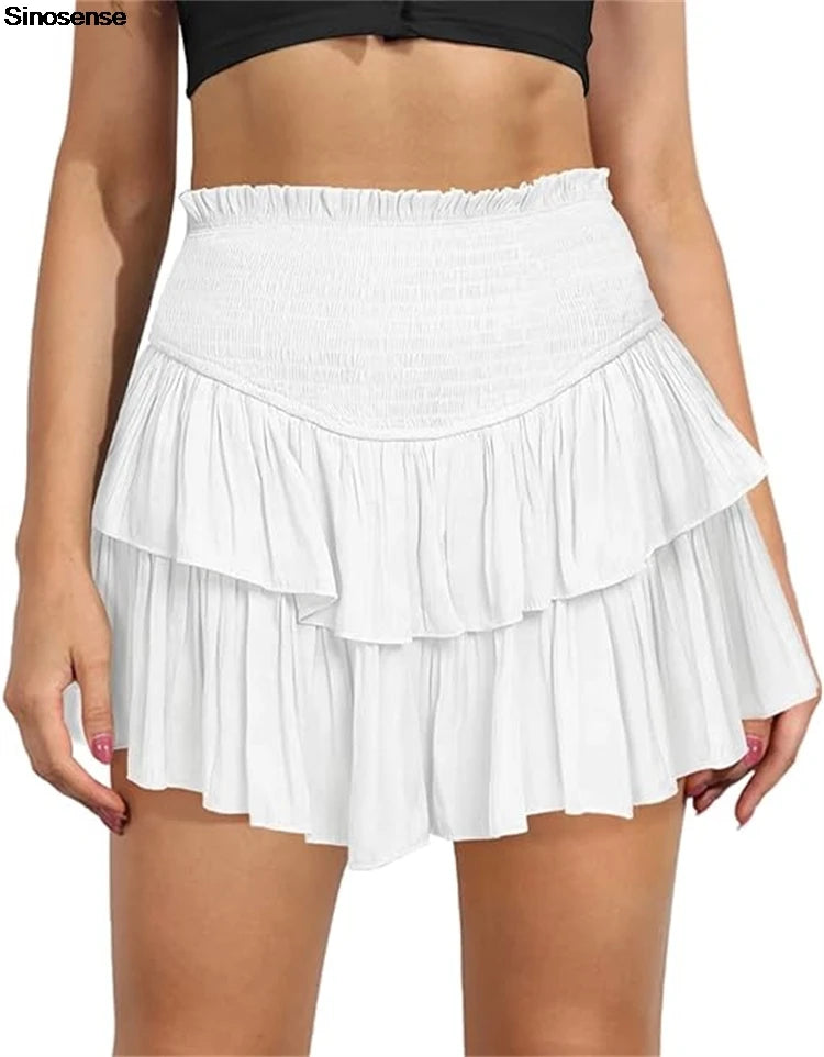 Women's High Waist Ruffle Pleated Mini Skirts Solid Lined Layered Flared Flowy Casual Swing Summer Boho Beach Mini Short Skirt